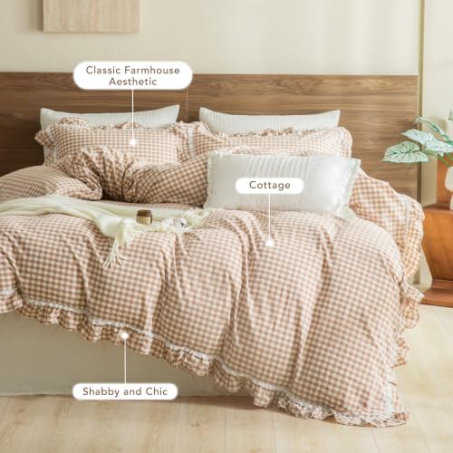 3PCs Khaki Plaid Lace Ruffled Duvet Cover Set King Size Washed Cotton Tan Gingham Shabby Vintage Boho Chic Comforter Cover Set Farmhouse Ultra Soft Bedding Quilt Cover King with Pillow Shams