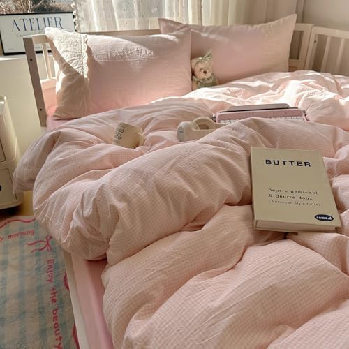 LifeTB Pink Gingham Duvet Cover Queen Size 3 Pieces Romantic Lace Duvet Cover Pink Plaid Checkered Comforter Cover with 2 Pillowcases Soft Breathable Microfiber Grid Farmhouse Plaid Bedding Set