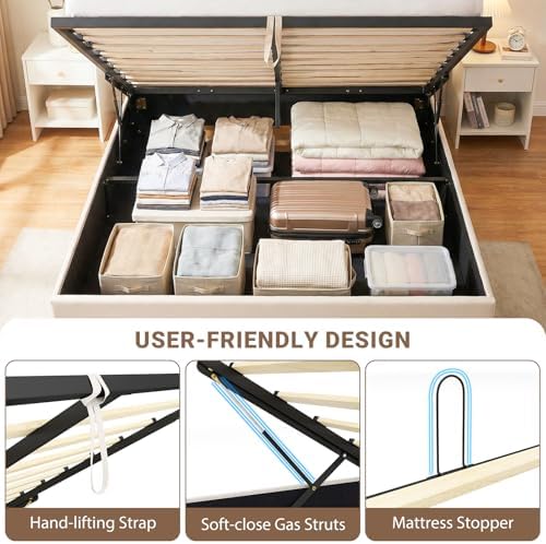 GIANTEX Queen Size Lift Up Storage Bed, Modern Linen Upholstered Platform w/Button Tufted Wingback Headboard & Hydraulic Support, Queen Bed Frame with Storage, No Box Spring Needed (Beige)