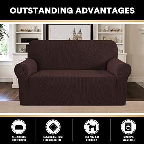 PrinceDeco Stretch Loveseat Sofa Cover Slipcover Couch Cover for 2 Cushion Sofa Washable Sofa Cover for Pets Friendly Furniture Protector Covers with Non Slip Bottom(Loveseat, Brown)