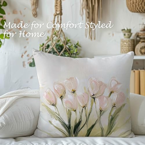 Vintage Pastel Tulip Floral Lumbar Pillow Cover 18x18 Double-Sided, Farmhouse Spring Decor, Abstract Floral Botanical Decorative Throw Pillow Cover for Living Room Home Bedroom