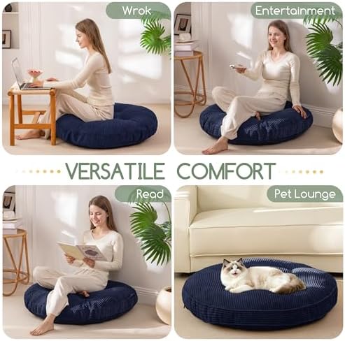 HIGOGOGO 35" Floor Pillow Cushion for Adults, Meditation Cushion Pillow, Extra Large Square Floor Sitting, Tufted Corduroy Cover for Tatami Living Room or Yoga, Navy