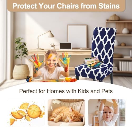 SearchI Dining Room Chair Covers Set of 4, Spandex Stretch Kitchen Chair Slipcovers Removable Washable Moroccan Geometric Parsons Chair Covers Protector for Dining Room, Hotel (Navy Blue)
