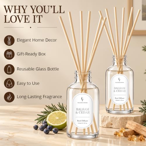 Balsam & Cedar Reed Diffuser for Home, 2 Pack 4 Fl Oz