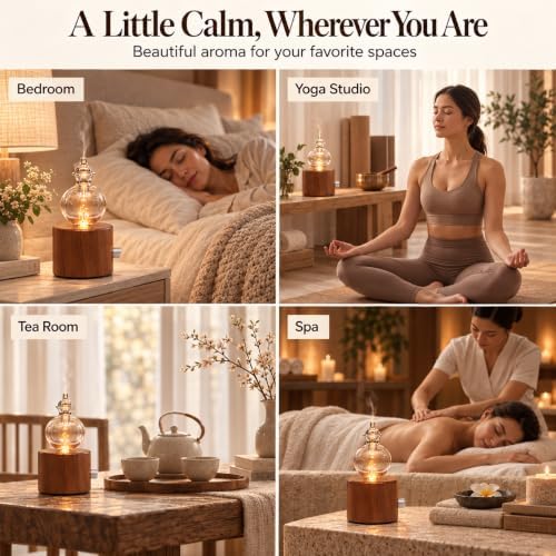 Waterless Essential Oil Diffuser, Cordless Rechargeable Glass Nebulizing Diffuser with Wood Base & Warm LED Light, Aromatherapy Diffuser for Home, Bedroom & Office