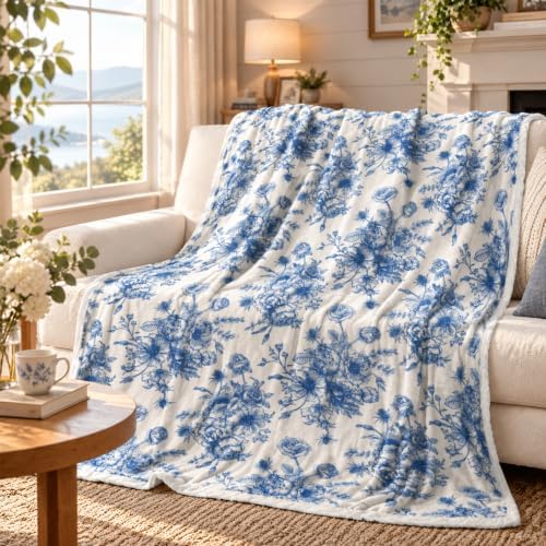 Blue Floral Throw Blanket, Botanical Floral Blanket, Soft, Flannel, Warm, Boho Aesthetic Bed Blankets All Season Flower Throw Blankets for Couch Bedroom Living Room 50X60 Inch