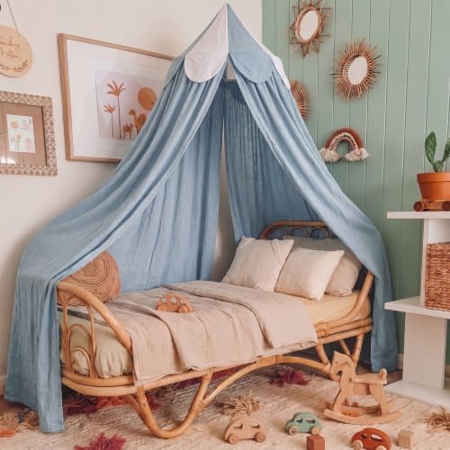 Bed Canopy with Scalloped Edge, 2 Panel Striped, Blue