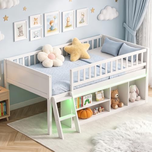 Giantex Low Loft Bed Twin Size with LED Lights, 2-Tier Storage Bookcase
