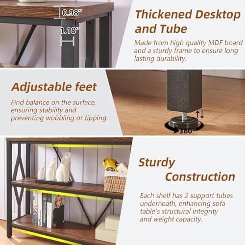 Sofa Console Table, Rustic Entry Table with 3 Tier Bookshelf,Brown 47 Inch