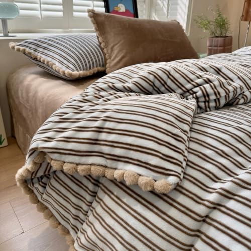 AOJIM Milk Velvet Duvet Cover Set Twin 3 Pieces Retro Brown Striped Bedding