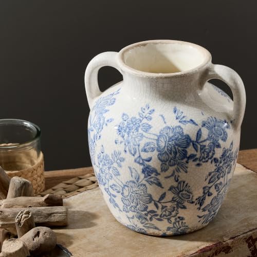 Ceramic Vase with Handles, Vintage Utensil Holder, Flower Decorative Vase Chinoiserie Decor Rustic Farmhouse Retro Floral Vases for Table Bookshelf Mantel Kitchen Living Room Office - 6.7” Blue 018
