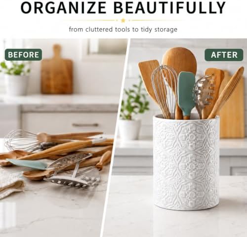 Solidith Cooking Utensil Holder For Countertop, Ceramic Utensil Crock,White