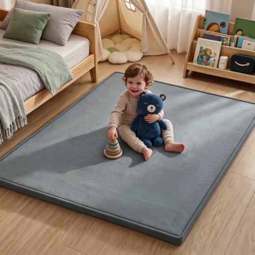 Ultra Soft Play Mat for Floor, 59"×79" Playpen Mat, 1.3" Thick Memory Foam, Non-Slip Tummy Time Mat for Infants, Toddlers, and Kids – Water-Repellent Coral Velvet, Easy Care