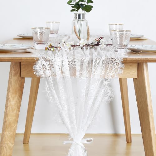 6 Pcs White Lace Table Runner 30 x 120 Inch Rustic Vintage Embroidered Sash