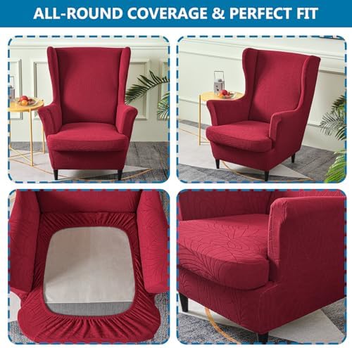 HZDHCLH Waterproof Wingback Chair Slipcovers 2 Piece,Stretch Spandex Wing Chair Covers for Living Room,Washalbe Armchair Sofa Slipovers (Burgundy)