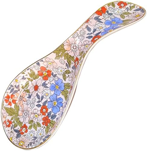 Ceramic Spoon Rest for Stove Top Kitchen Counter Large Spoon Holder Farmhouse Floral Flowers Print Coffee Spoon Cooking Utensil Tools Rest Modern Kitchen Decor