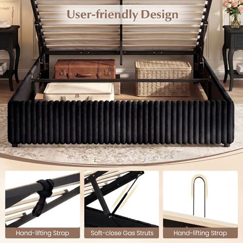 GIANTEX Queen Size Lift Up Storage Bed, Modern Corduroy Upholstered Platform w/Wingback Headboard, Hydraulic Support, Queen Bed Frame with Storage, No Box Spring Needed (Black)