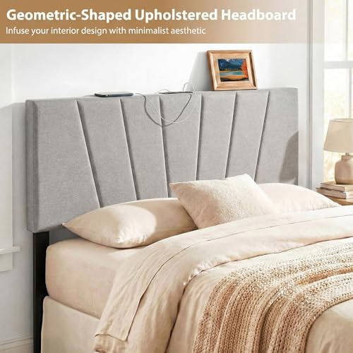 GIANTEX Headboard with Charging Station, Queen/Full Size Tufted Upholstered Head Board w/2 AC Outlets, USB & Type-C Ports, Rubber Wood Legs, Width Adjustable Modern Bed Headboard Only (Grey)