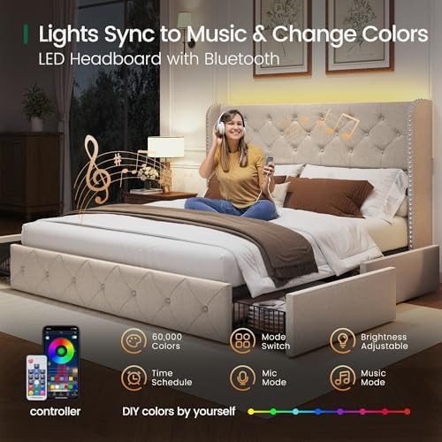 LARMACE Queen Size Bed Frame with LED Lights and 4 Storage Drawers Linen Upholstered Platform Bed Frame with 47.2" Tall Tufted Headboard Wingback, No Box Spring Needed, Easy to Assemble, Beige