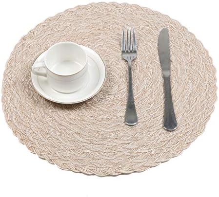 SHACOS Round Braided Placemats 15 inch Set of 4 Boho Woven Washable Kitchen Table Placemats for Home Wedding Party (T-Beige, 4)
