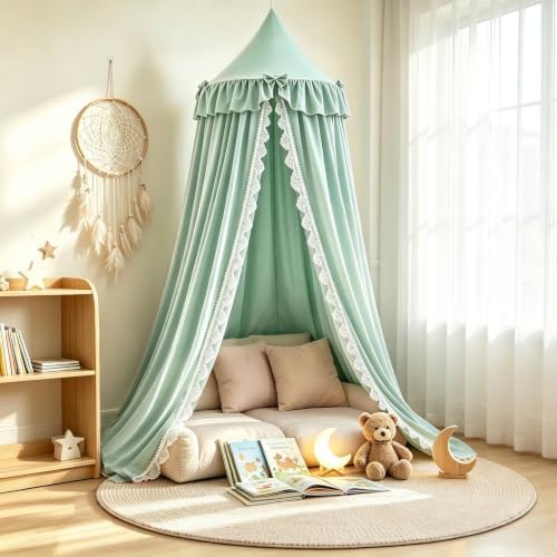 Kertnic Lace & Bow Decor Princess Canopy for Girls Bed, Soft Ruffled Playing Tent Canopy Room Decoration Castle, Reading Nook Canopies in Home (Green)