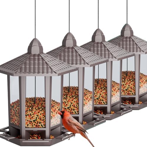 Birdream 4 Pack Bird Feeders for Outdoor Hanging, 10 LB Fun Installation Retro Pagoda Design Bird Feeder, Attracting Wild Birds Chickadees Goldfinches Cardinals Finches and Sparrows (Brown)