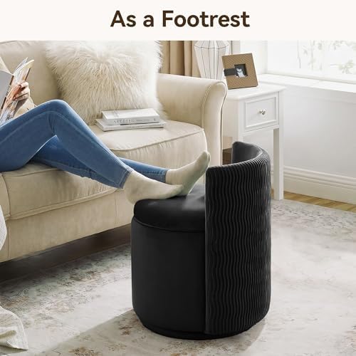 HUBSON Vanity Chair with Storage, Swivel Velvet Chairs with Back, Modern Round Accent Makeup Chair, No Assembly Vanity Stool for Living Room, Bedroom, Dressing, Black