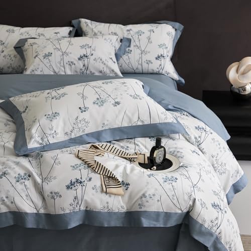 HighBuy Garden Blue Floral Duvet Cover Queen Floral Bedding Comforter Cover Queen Set Luxury Soft Boho Flowers Printed Cozy for Women Men Cottagecore Botanical Floral Bedding Sets Queen All Season