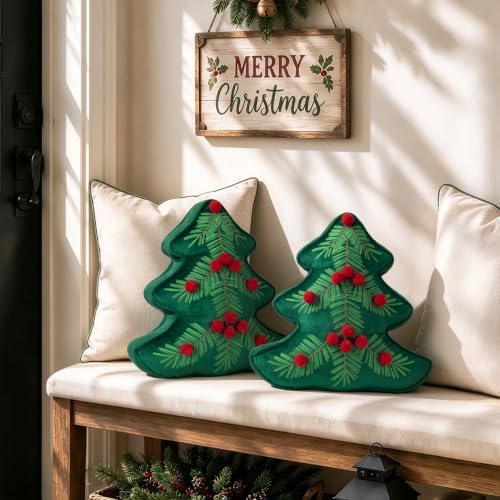 AELS Christmas Tree Pillow with Red Pom-pom, Embroidered Decorative Holiday Pillow, Set of 2, Holiday Throw Pillows for Decor, Plush Tree Shaped Pillows for Living Room Bedroom Sofa, Green