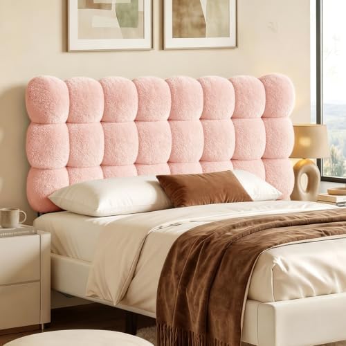 Pinmoco Queen Cloud-Shaped Upholstered Headboard, Teddy Fleece Pink