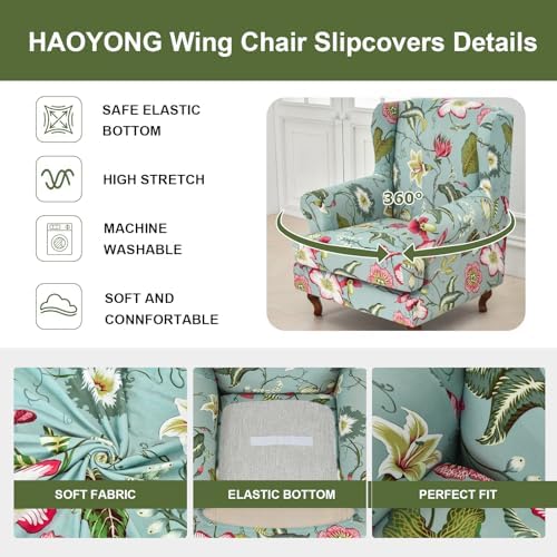 HAOYONG Wing Chair Slipcovers Stretch Wingback Chair Covers Printed 2 Pieces Wingback Armchair Slipcover Elastic Chair Slip Covers Washable Armchair Protector Cover for Living Room and Bedroom
