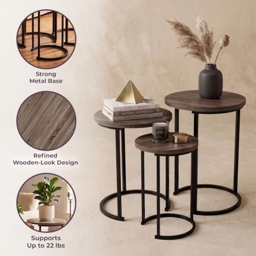 Lavish Home Round Nesting Tables Set of 3, Woodgrain-Look Top, Gray-Brown