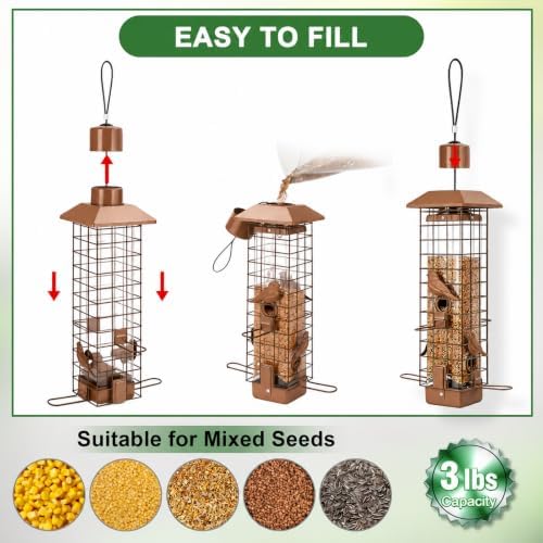 Gbekery Metal Squirrel Proof Bird Feeders for Outdoors Hanging, Brown