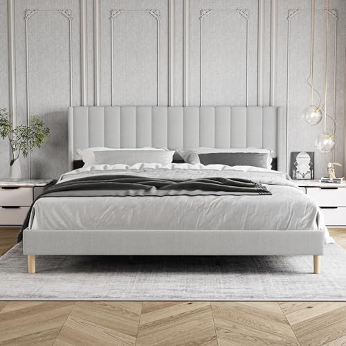 King Size Bed Frame with Upholstered Headboard, Light Gray
