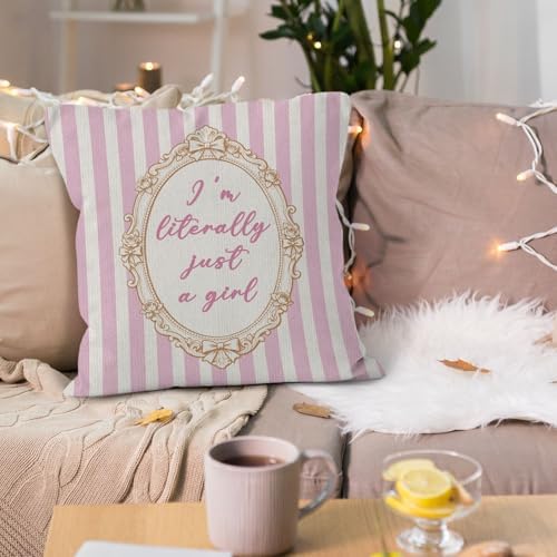 Preppy Pink Striped Girl Nursery Throw Pillow Cover 18x18, I'm Literally Just a Girl Decorative Pillow Covers for Girls Room Bedroom Dorm, Girly Pink Aesthetic Accent Pillows Cover Pillowcases