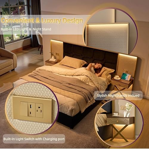 KEIKI King Upholstered Bed Frame with Floating Nightstands & Reading Lights