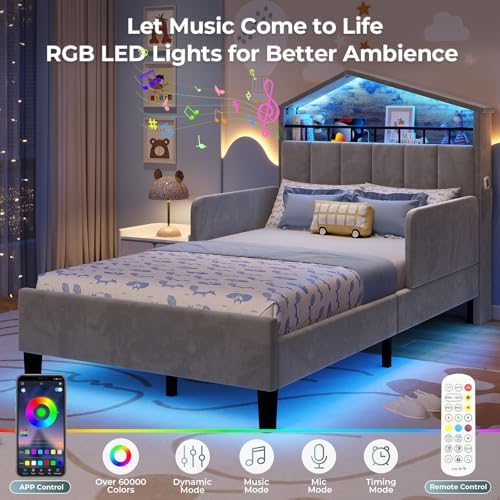 ADORNEVE Twin Size Bed Frame with LED Lights,Velvet Bed for Boys,Grey