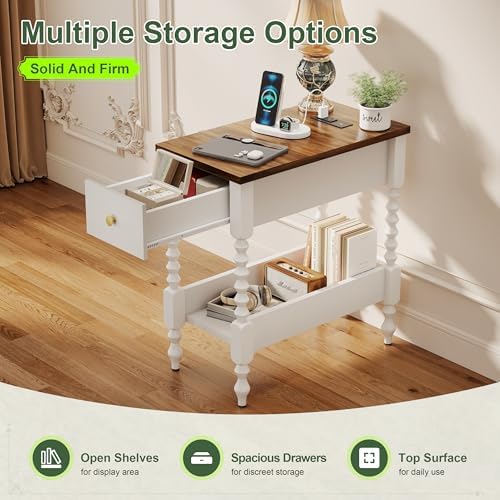 YOSHOOT Farmhouse End Table with Charging Station, Narrow Side Table