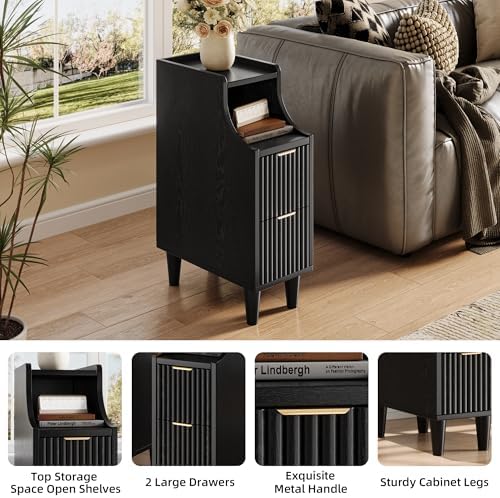 Fluted Nightstands Set of 2,Narrow Bedside Table with 2 Drawers & Storage, Farmhouse Walnut End Table Modern Side Table for Bedroom Livingroom Sofa Office, Small Space