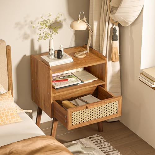 Lerliuo Rattan Nightstand, Side Table with Drawer Open Shelf