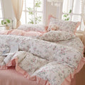 Pink Floral Duvet Cover Set Full Size - 100% Cotton Romantic Ruffle Lace Bedding Set, Cute Aesthetic Princess Bedding Reversible Pink Striped, Cottagecore Botanical Flower Duvet Cover for Girls Women