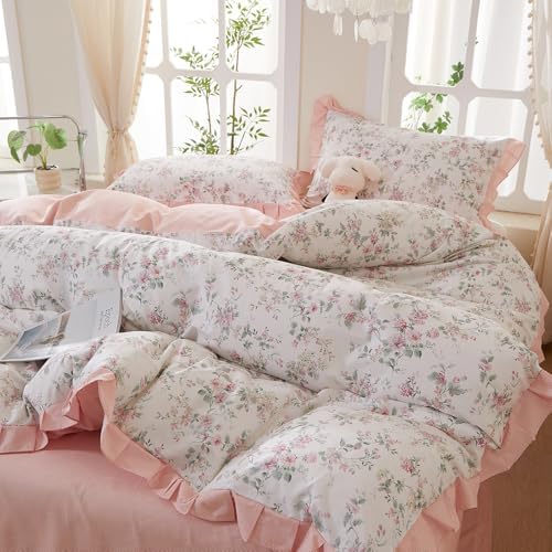 Pink Floral Duvet Cover Set King Size - 100% Cotton Romantic Ruffle Lace Bedding Set, Aesthetic Princess Bedding Reversible Pink Striped, Cottagecore Botanical Flower Duvet Cover for Girls Women
