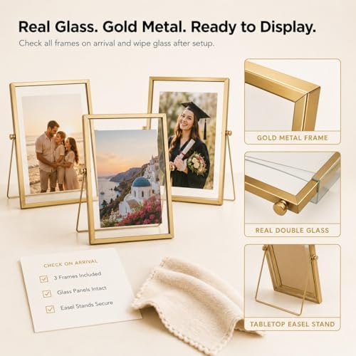 AceList Floating Picture Frame, 3 Pack 8x10 Gold Double Glass