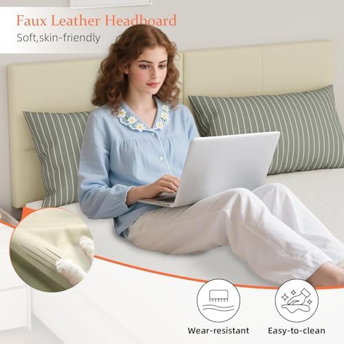 Upholstered Headboard Queen Size, Solid Wood Head Board with Sturdy Metal Legs, Leather Bed Headboard with Height Adjustable, Beige