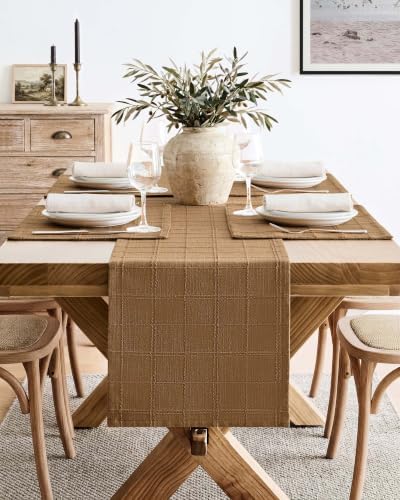 ZeeMart Linen Checked Farmhouse Table Runner, 13x72 Inches Roasted Brown