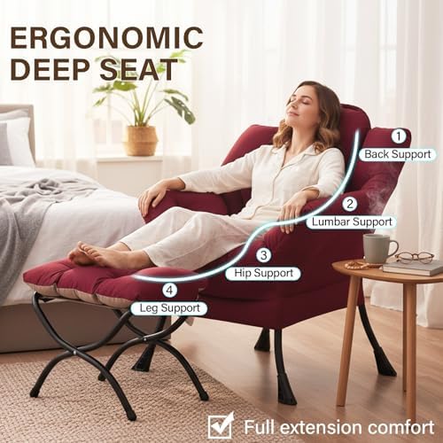 Welnow Lazy Chair with Ottoman, Reading Chair with Footrest,Burgundy