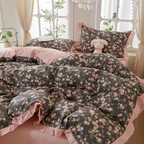 mixinni Vintage Floral Duvet Cover Set Full Size – 100% Cotton Ruffle Lace Bedding, Pink Rose Flower and Green Leaf Print, Reversible Stripes Pattern, Grandmillennial Cottagecore Aesthetic 3Pcs