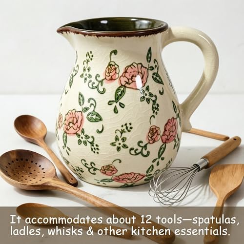 Ceramic Utensil Holder Red Rose 6.1" Rustic Farmhouse Kitchen Counter Crock