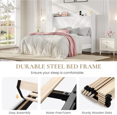 SHA CERLIN Queen Bed Frame, Velvet Upholstered Platform Bed Frame with Wingback Storage Headboard & Charging Station, Geometric Tufted Design, No Box Spring Needed, Easy Assembly, White