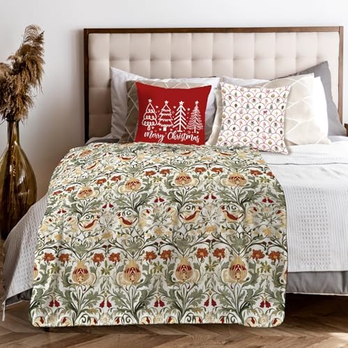 Vintage Floral Throw Blanket for Couch, Floral Room Decor, Retro Botanical Bird Art Nouveau Throw Blanket for Bedroom Living Room Decoration, 50x60 Inches
